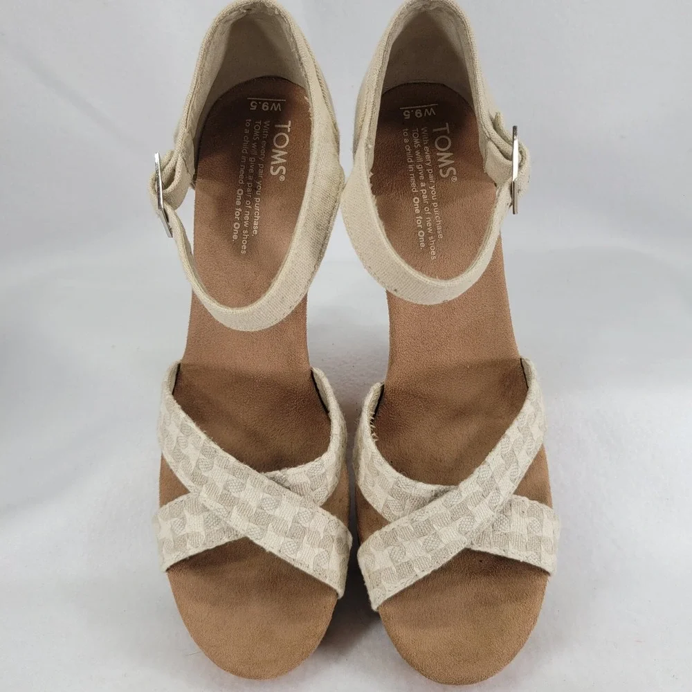 Toms Women Sz 9.5 Natural Woven Cork Platform Wedge Sandal Open Toe Strappy Shoe